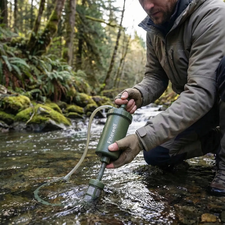 Compact hand pump water filter for safe drinking during camping, hiking, & outdoor adventures.
