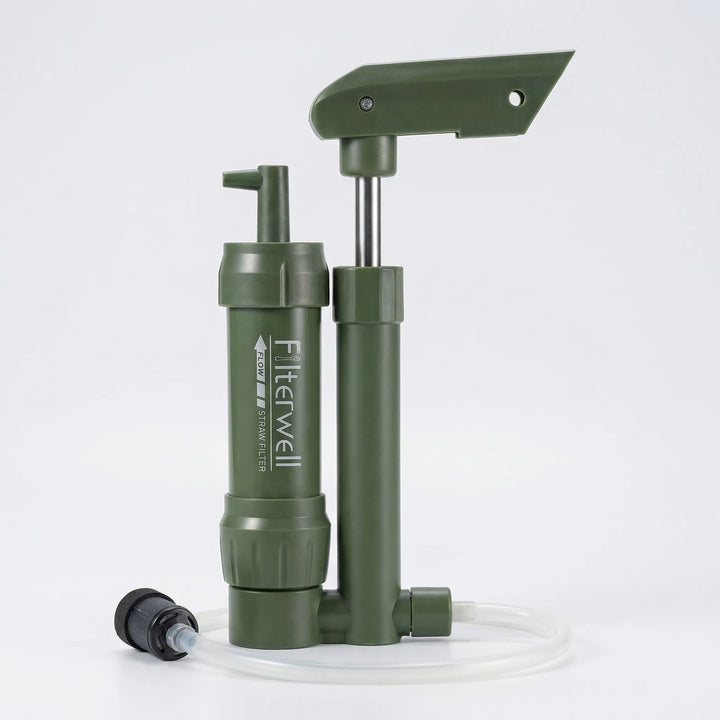Portable hand pump water purifier, essential for backpacking, travel, and survival emergency kits.