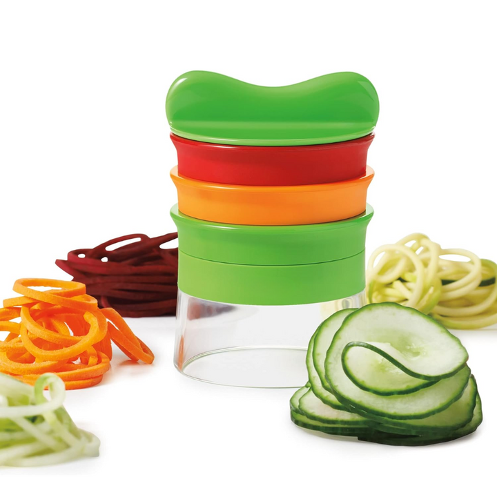 User-friendly handheld vegetable spiralizer, simplifying healthy cooking & meal prep in any kitchen.
