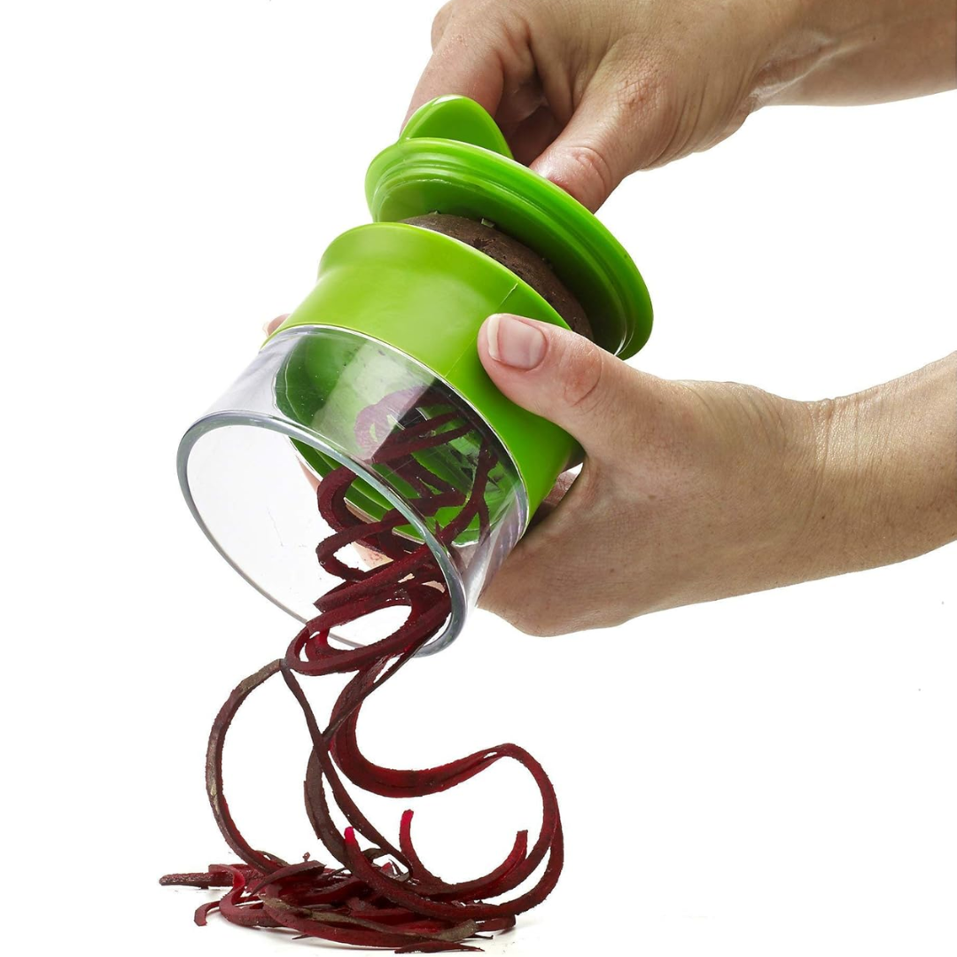 Innovative handheld spiralizer gadget, creating perfect vegetable spirals for low-carb dishes & salads.