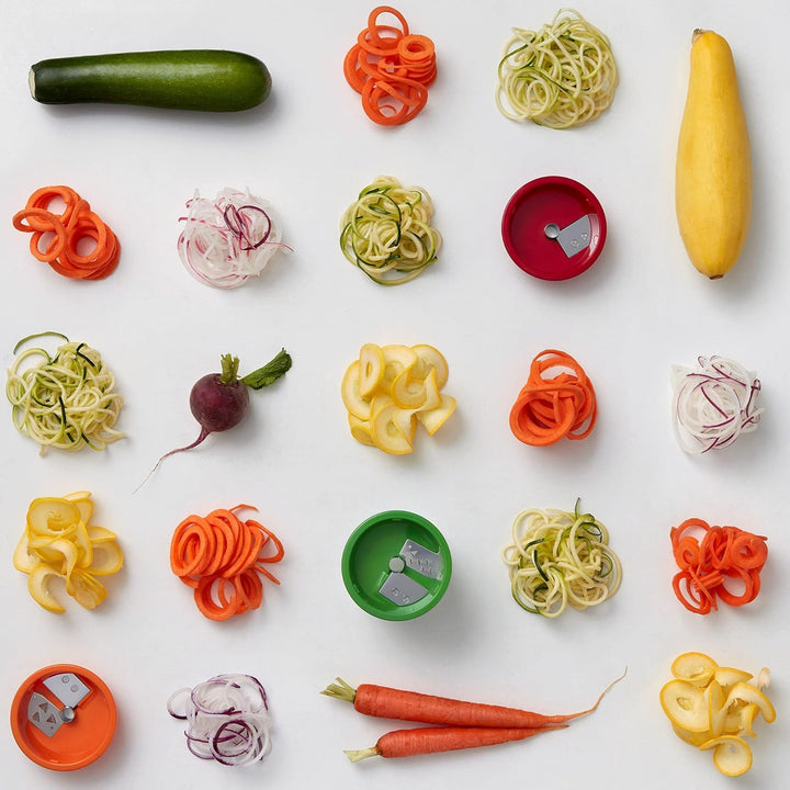 Close-up view of the compact vegetable spiralizer's sharp blades, ready for healthy meal prep.