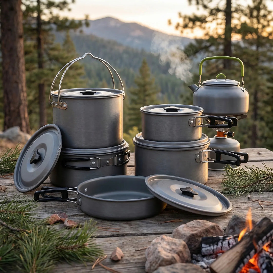Compact hard anodized camping cookware set for backpacking, hiking, & outdoor cooking.
