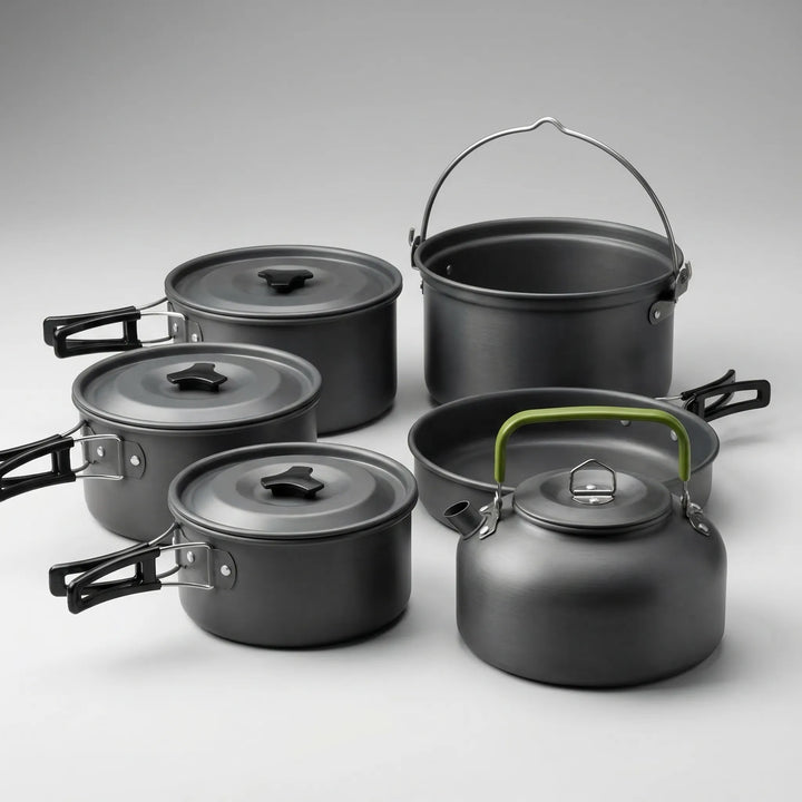 Portable nesting camping cookware set, ideal for backpacking, hiking, and outdoor adventures.