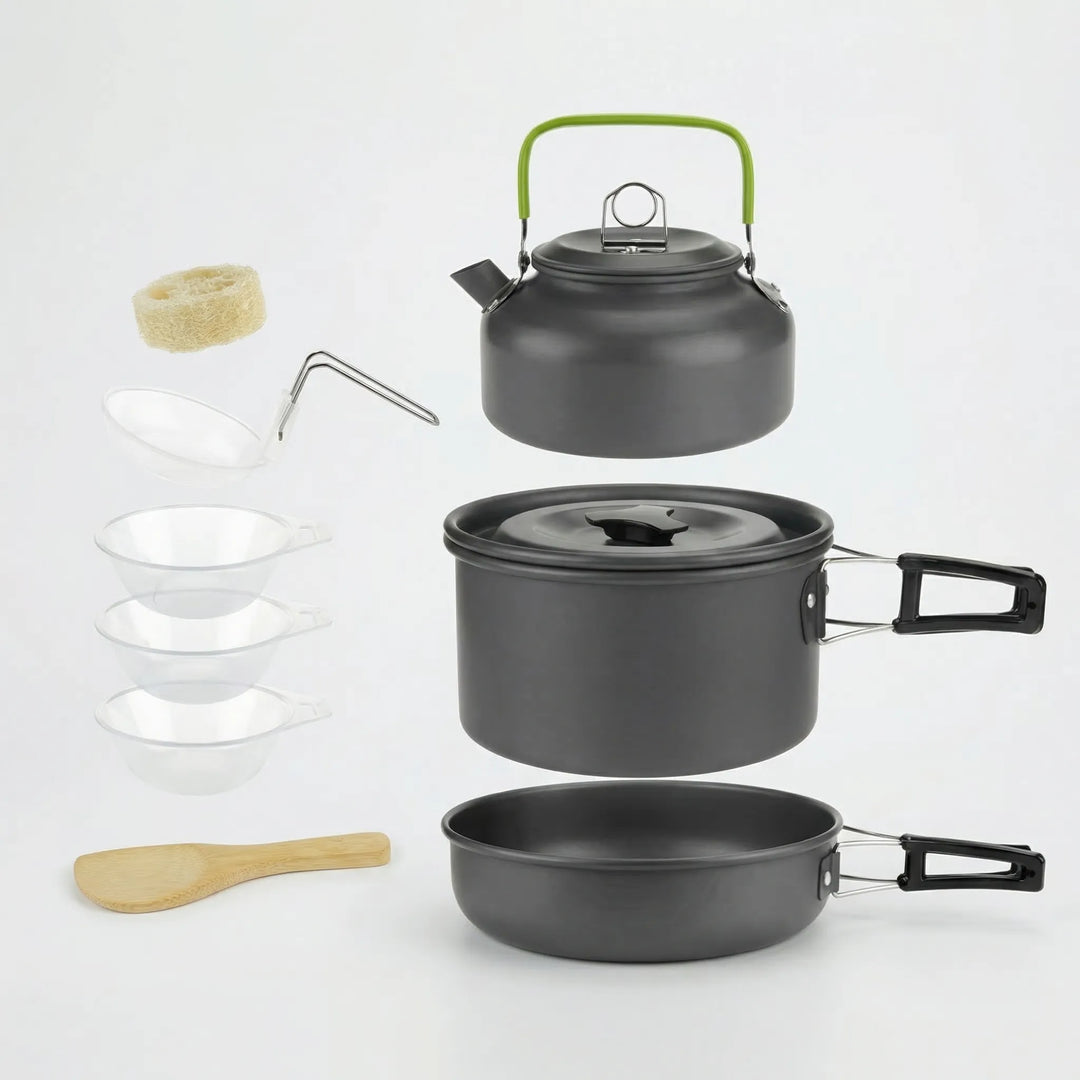 Complete compact camping cookware set for backpackers & hikers, durable hard anodized finish.