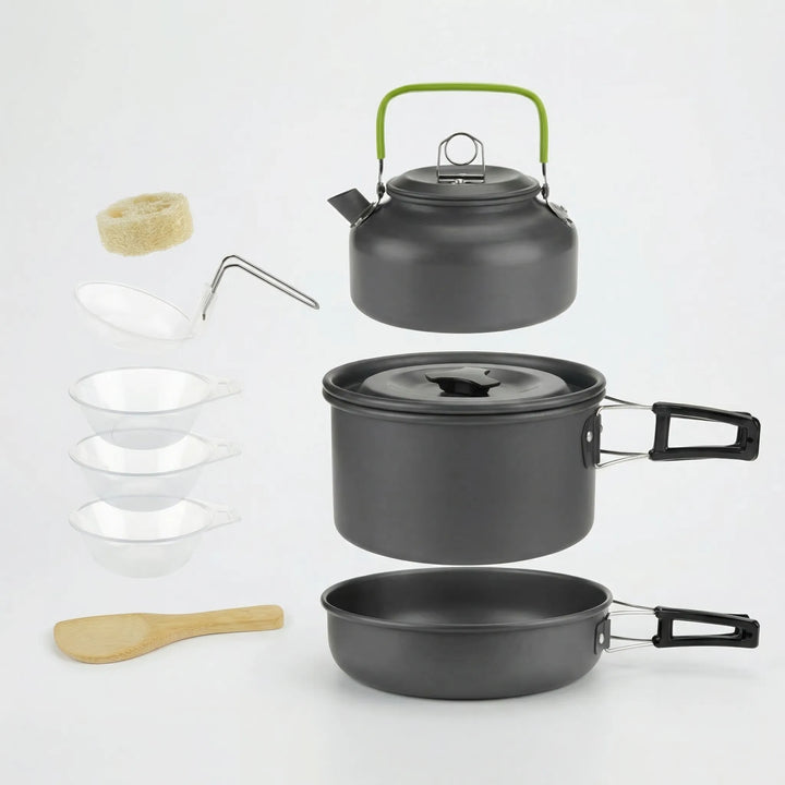 Complete compact camping cookware set for backpackers & hikers, durable hard anodized finish.