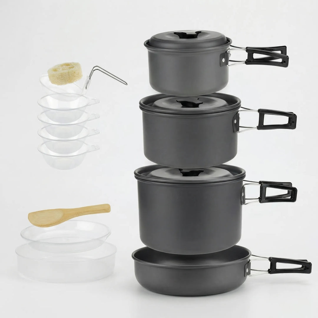 Space-saving nesting camping cookware for backpacking, lightweight, compact & portable.