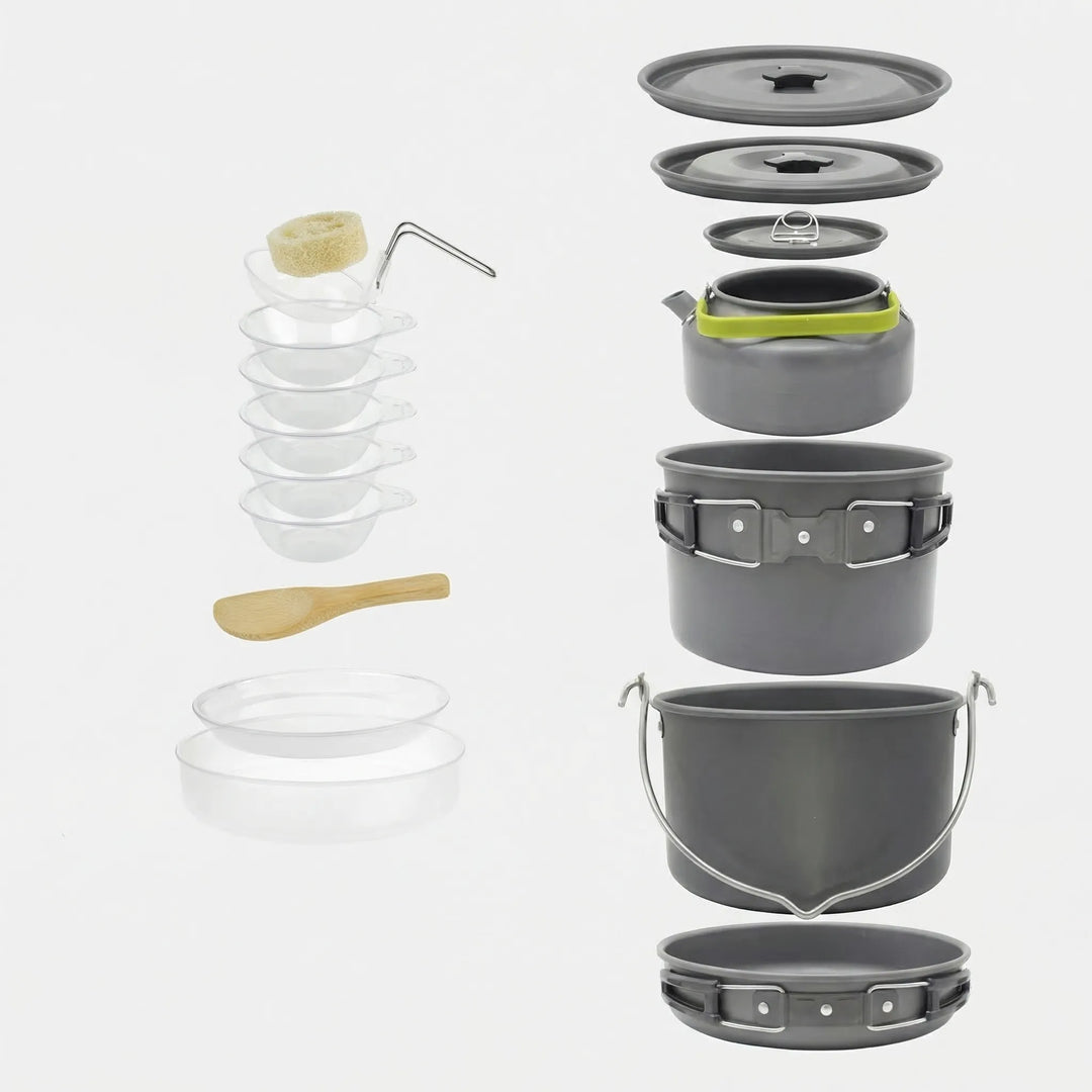 Versatile hard anodized camping cookware set for hiking, backpacking, & wilderness cooking.