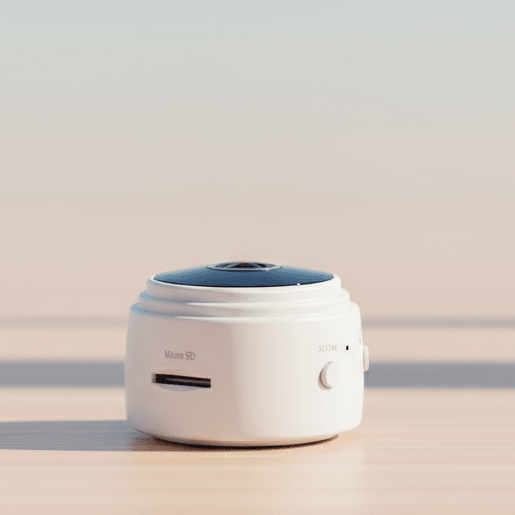 Compact HD security camera with night vision and app control for home surveillance.