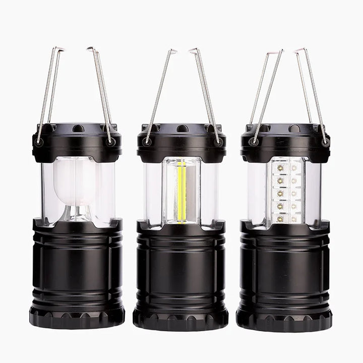 Battery-powered compact LED lantern with COB light, essential for camping, hiking, and emergency kits.