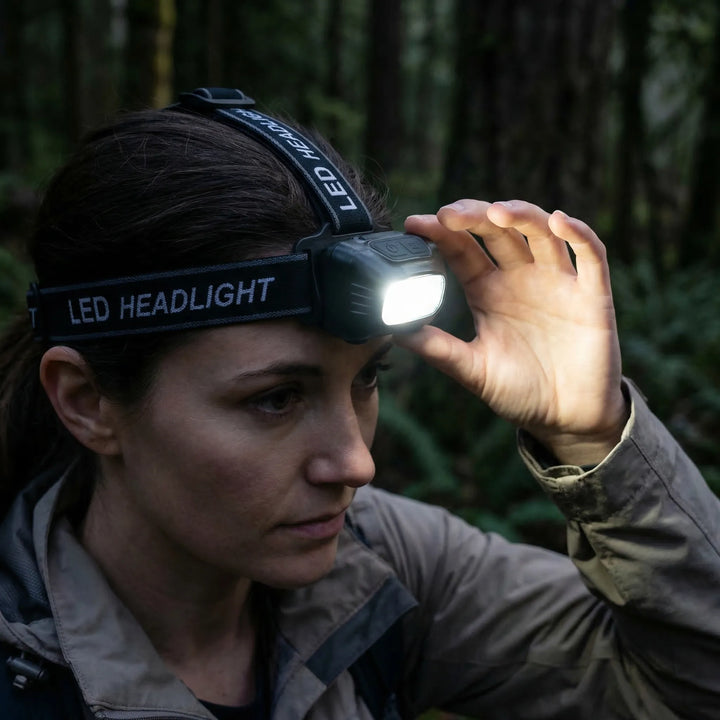 Compact LED headlamp for hands-free outdoor lighting, perfect for camping, hiking, and fishing adventures.
