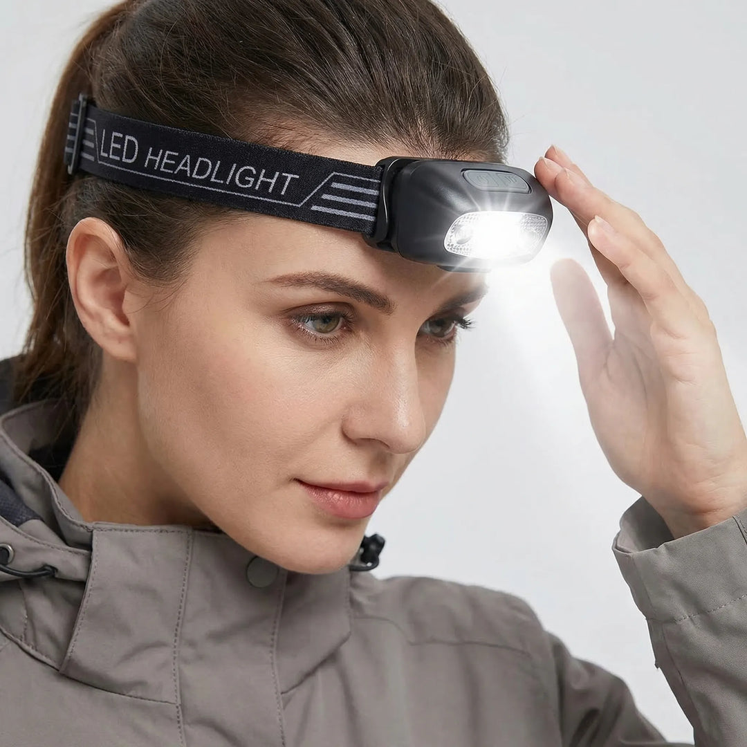 Rechargeable LED headlamp with adjustable strap, ideal for hands-free illumination during outdoor activities.