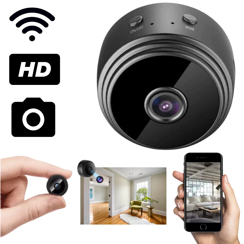 Compact mini wireless security camera for discreet home & office surveillance.