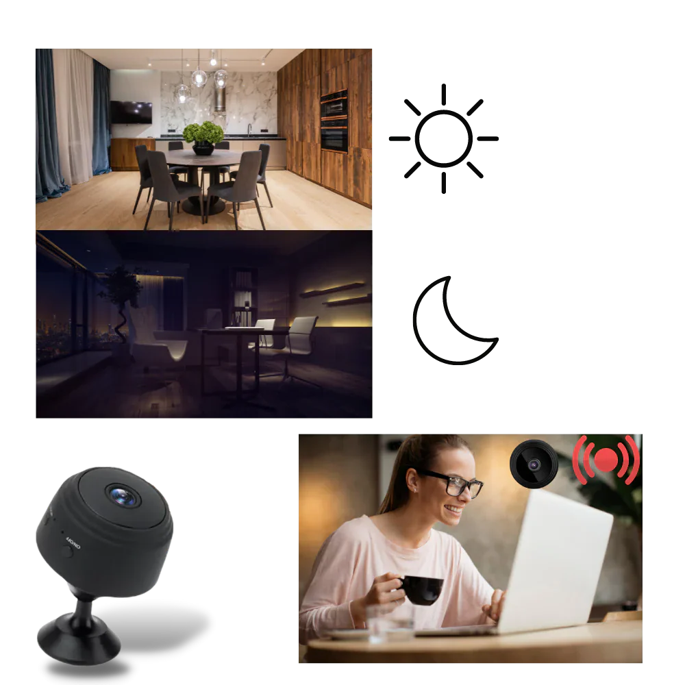 Mini wireless security camera with advanced night vision & motion detection for home.