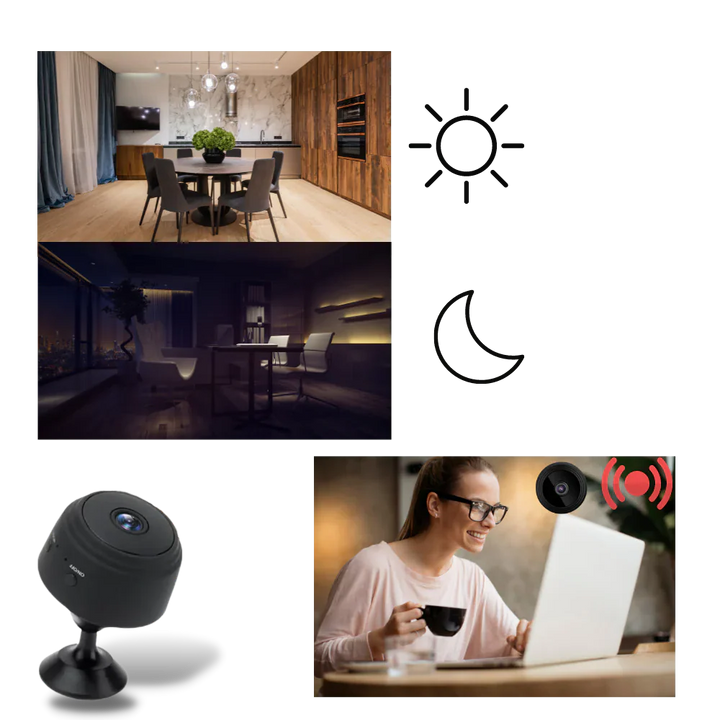 Mini wireless security camera with advanced night vision & motion detection for home.