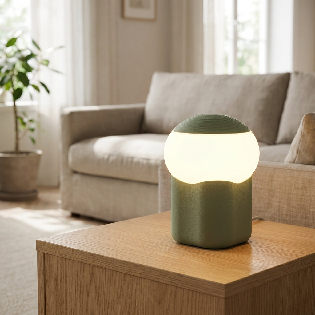 Compact Mushino LED mushroom table lamp, modern home decor, ambient lighting, bedroom.