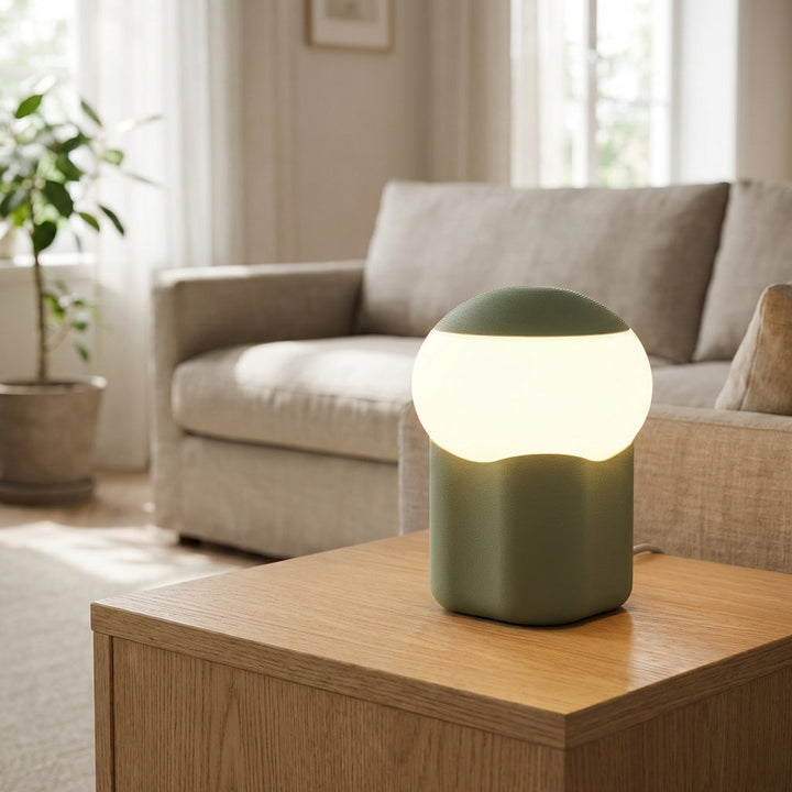 Compact Mushino LED mushroom table lamp, modern home decor, ambient lighting, bedroom.