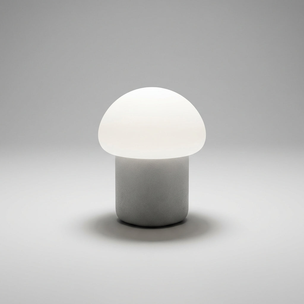 Close-up of Mushino mushroom LED lamp, frosted white, diffusing soft, warm light.