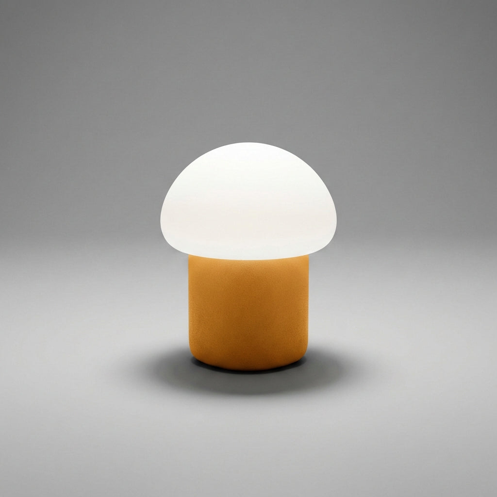Group of three Mushino mushroom LED table lamps, showcasing different compact sizes, modern decor.