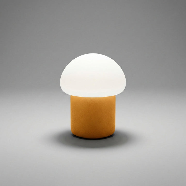 Group of three Mushino mushroom LED table lamps, showcasing different compact sizes, modern decor.