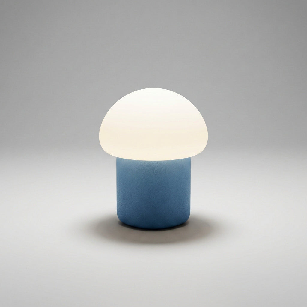 Top-down view of a Mushino compact mushroom LED lamp, highlighting its smooth, modern form.