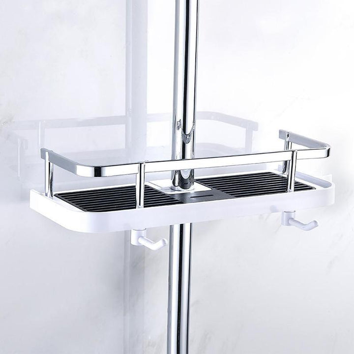 Compact no-drill shower caddy for easy wall mount bathroom organization. Rust-proof storage solution.