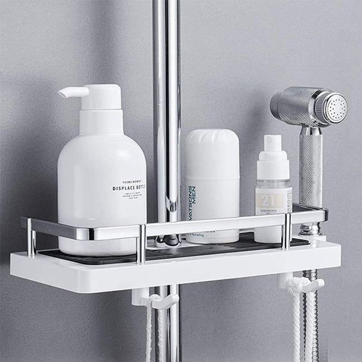 Easy-install no-drill shower caddy. Wall mount bathroom organizer for compact shower storage.
