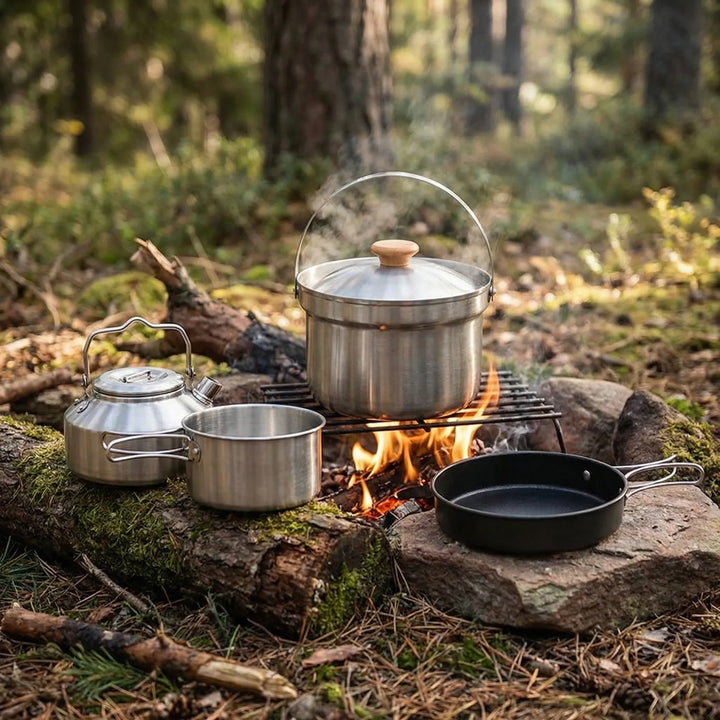 Compact outdoor camping cookware set for adventurers, ideal for hiking, travel, and portable kitchen needs.