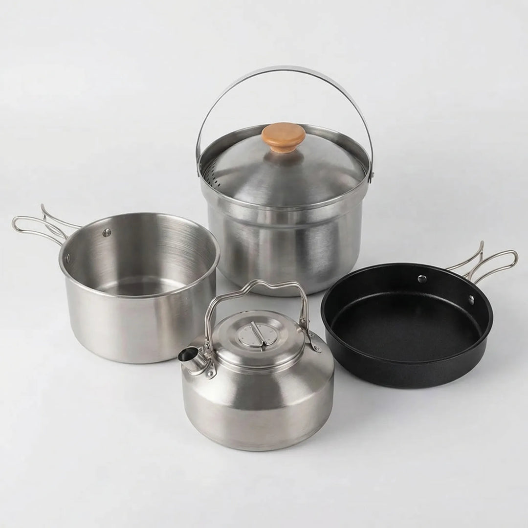 Portable camping cookware set for outdoor kitchen adventures, perfect for hiking, picnic, and travel meals.