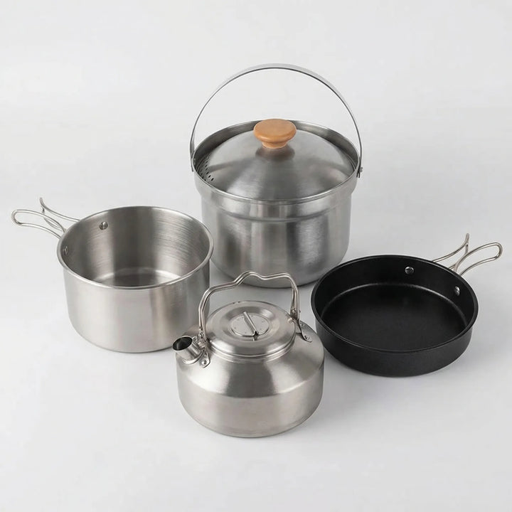 Portable camping cookware set for outdoor kitchen adventures, perfect for hiking, picnic, and travel meals.
