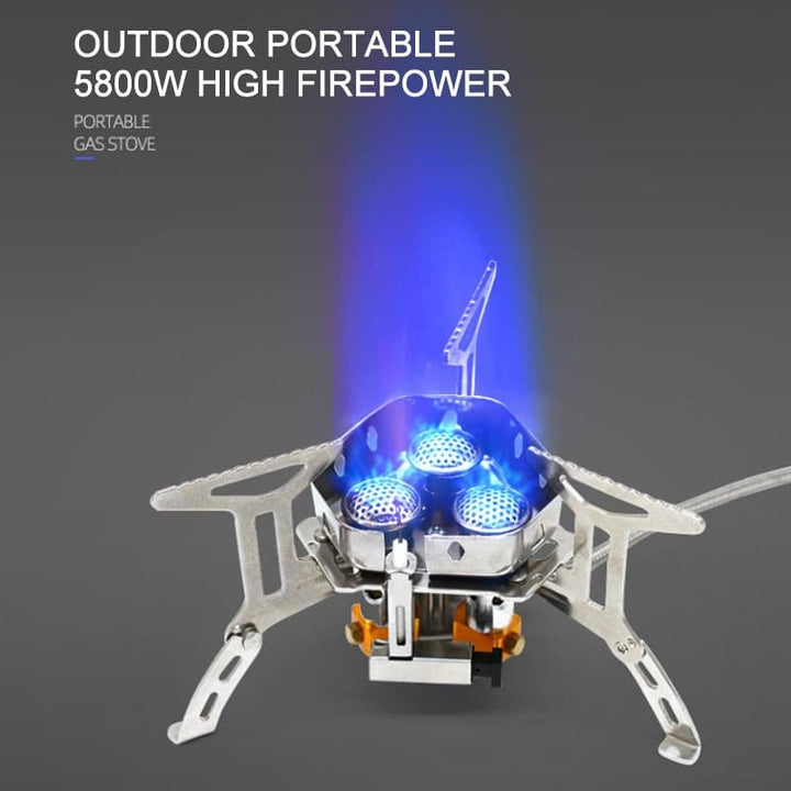 Stainless steel & aluminum alloy gas burner. Robust portable stove for outdoor camping kitchens.