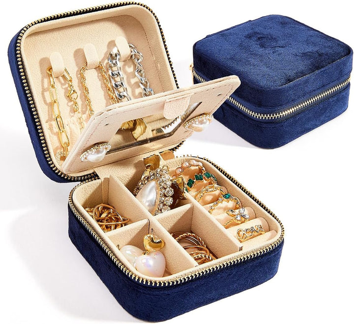 Elegant gray velvet travel jewelry box with mirror, perfect gift for her, compact accessory storage.