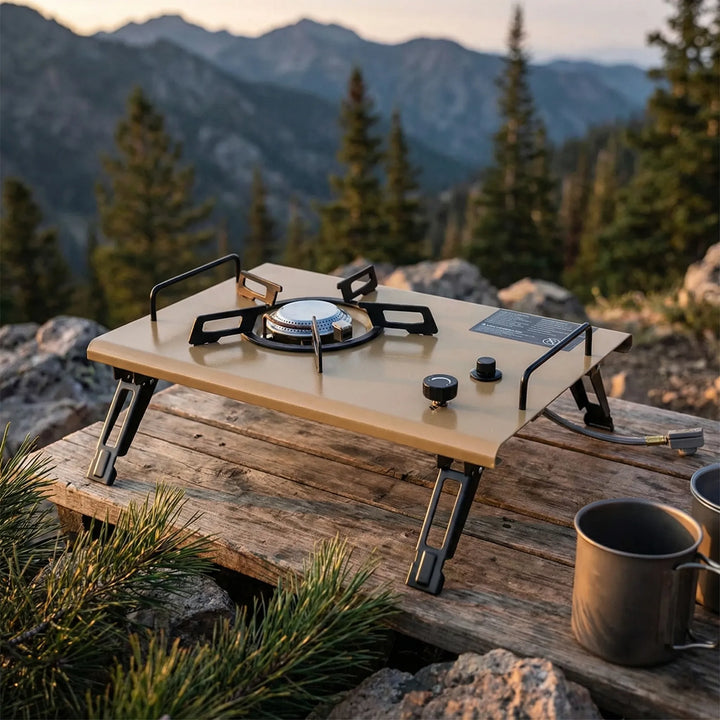 Compact portable camping gas stove with a single burner for outdoor cooking, ideal for hiking and travel.
