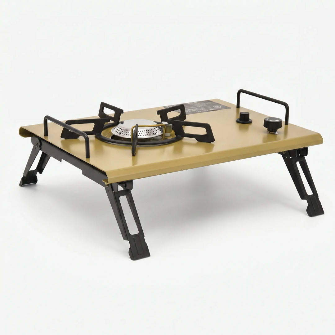 Lightweight outdoor gas stove, tabletop design for camp kitchen use, perfect for portable cooking and hiking.