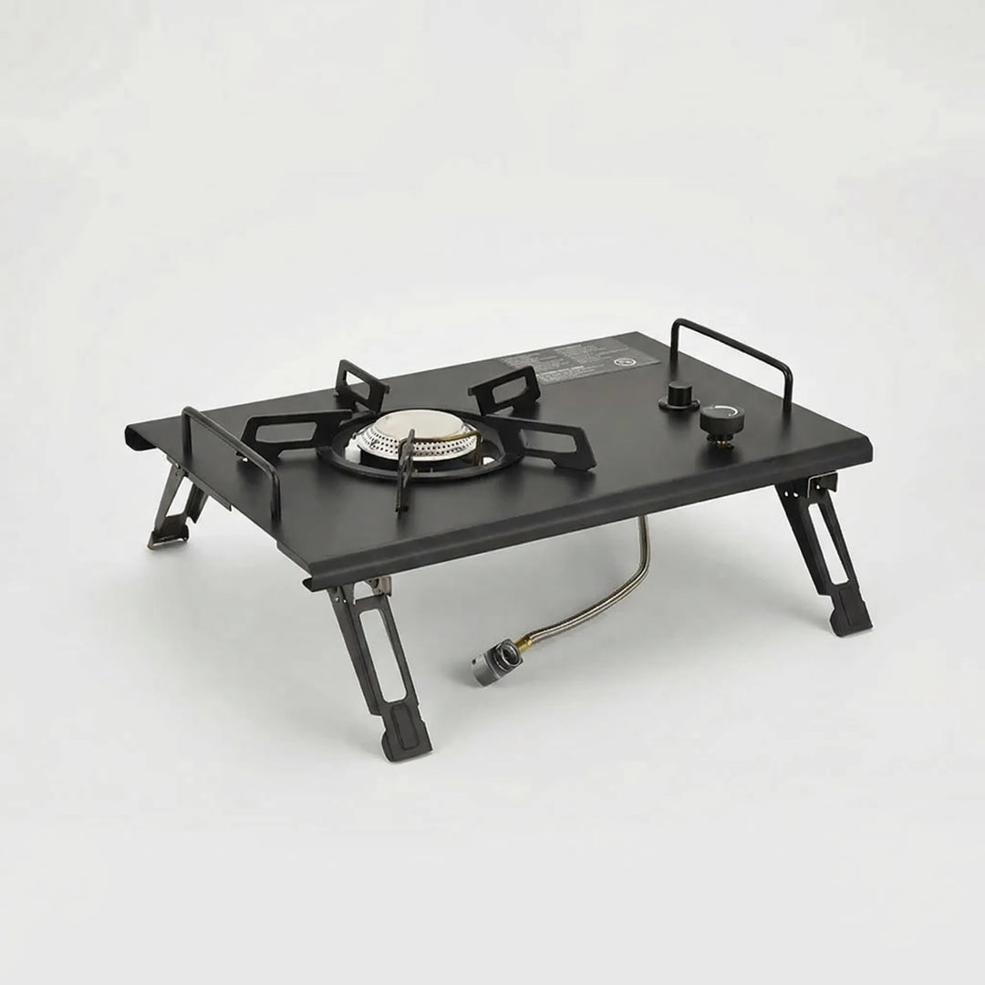 Durable portable camping gas stove with adjustable flame, essential travel gear for outdoor cooking and backpacking.