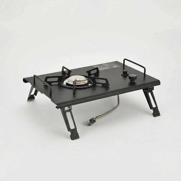Durable portable camping gas stove with adjustable flame, essential travel gear for outdoor cooking and backpacking.