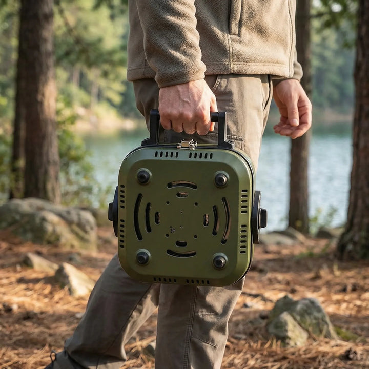 Compact portable camping gas stove with integrated non-stick pan, perfect for outdoor cooking & travel.