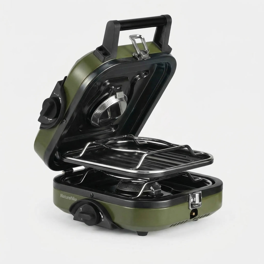 Foldable butane/propane gas camping stove with non-stick grill, ideal for camp kitchen & outdoor meals.