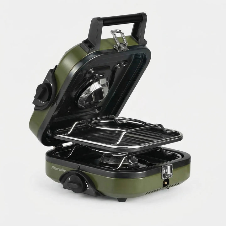 Foldable butane/propane gas camping stove with non-stick grill, ideal for camp kitchen & outdoor meals.