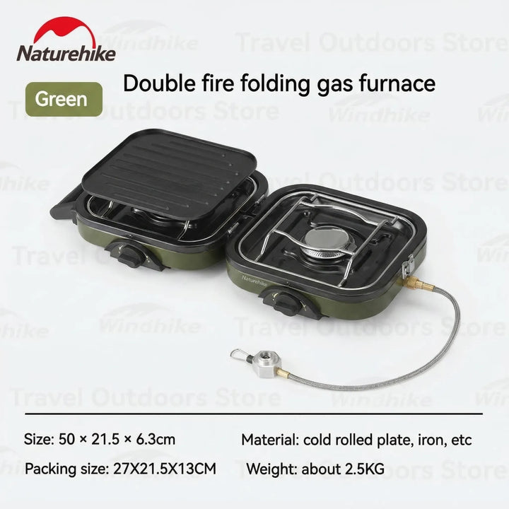 Lightweight travel gas stove & integrated non-stick grill for convenient outdoor cooking on any camping trip.