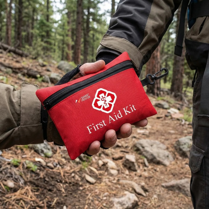 Compact portable first aid kit with 110 essential medical supplies for emergency, camping, hiking, and travel.