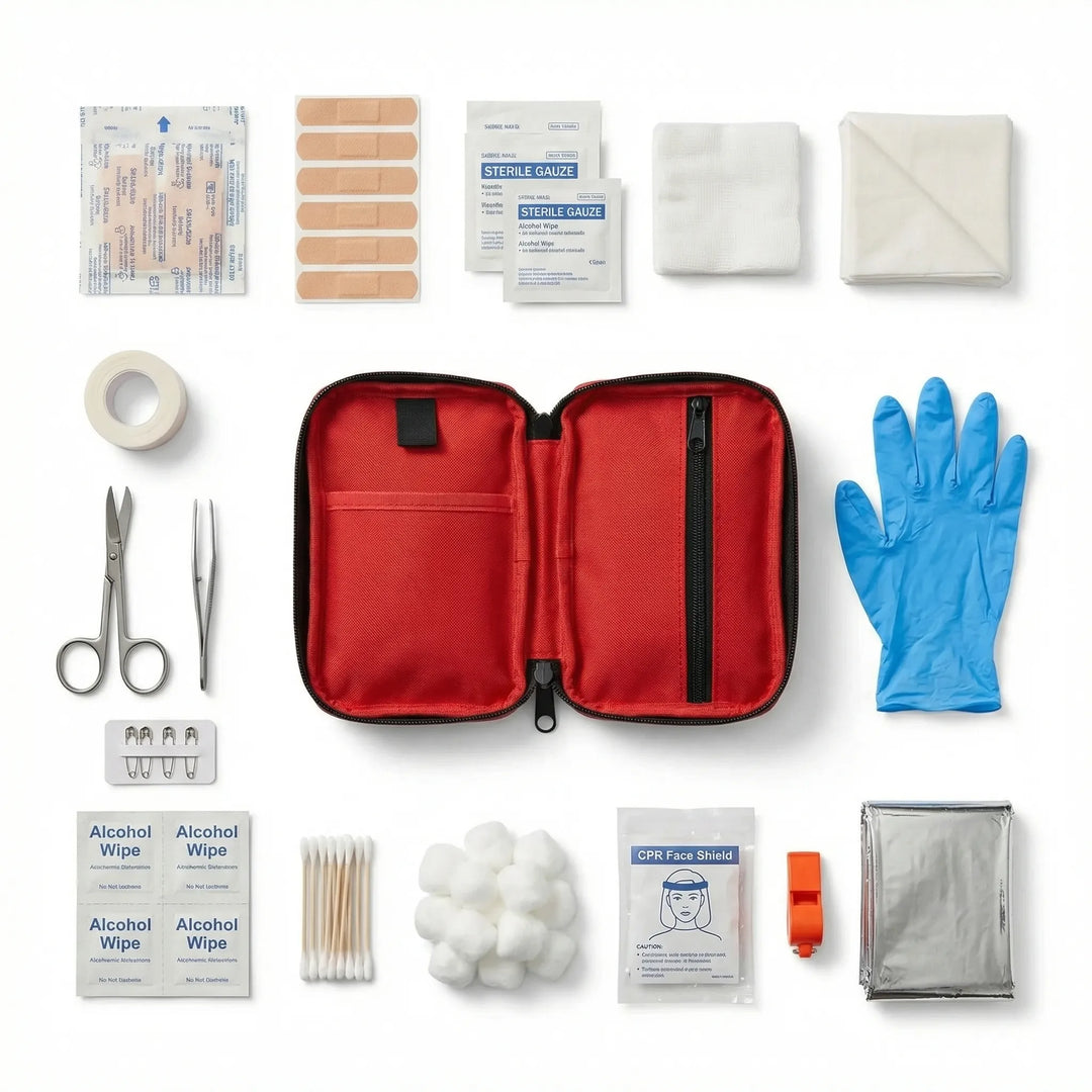 110 essential items in a portable first aid kit for emergencies, travel, camping, hiking, and outdoor survival.