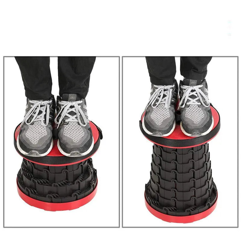 Adjustable height portable folding stool, collapsible for easy transport. Perfect for outdoor activities.
