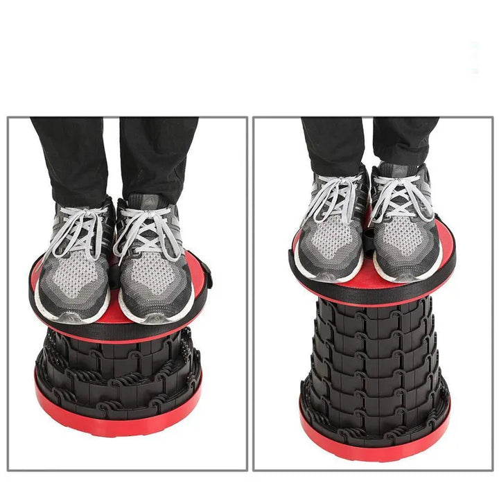 Adjustable height portable folding stool, collapsible for easy transport. Perfect for outdoor activities.