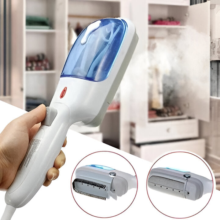 Compact portable garment steamer, ideal for travel, quickly removing wrinkles from clothes on the go.