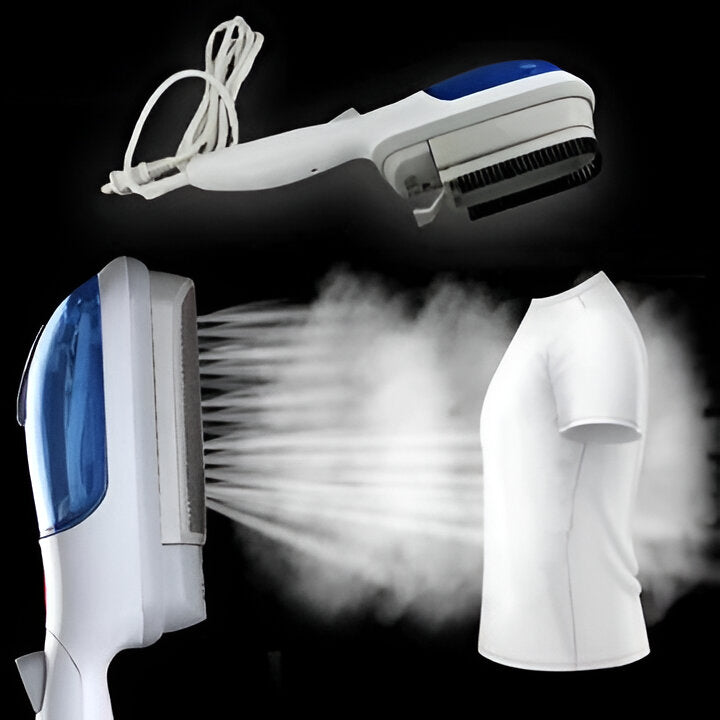 Compact travel garment steamer with quick heat, providing wrinkle-free clothes for business trips & vacations.