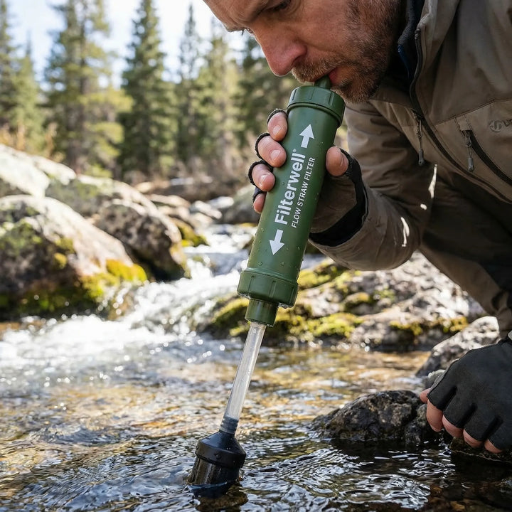 Compact portable hiking water filter for clean drinking. Ideal for camping, backpacking, and outdoor survival hydration.