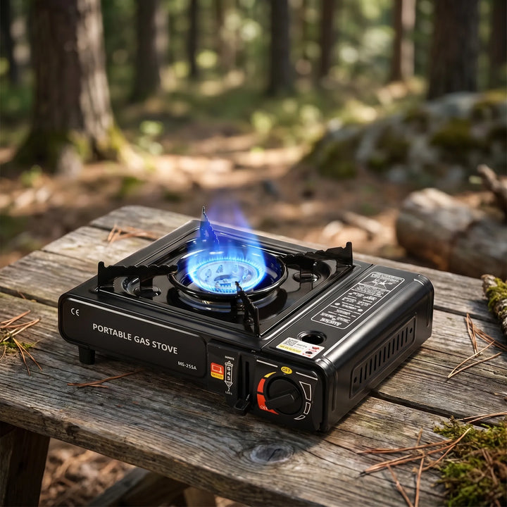 Compact portable single-burner gas stove for camping, hiking, & outdoor cooking.