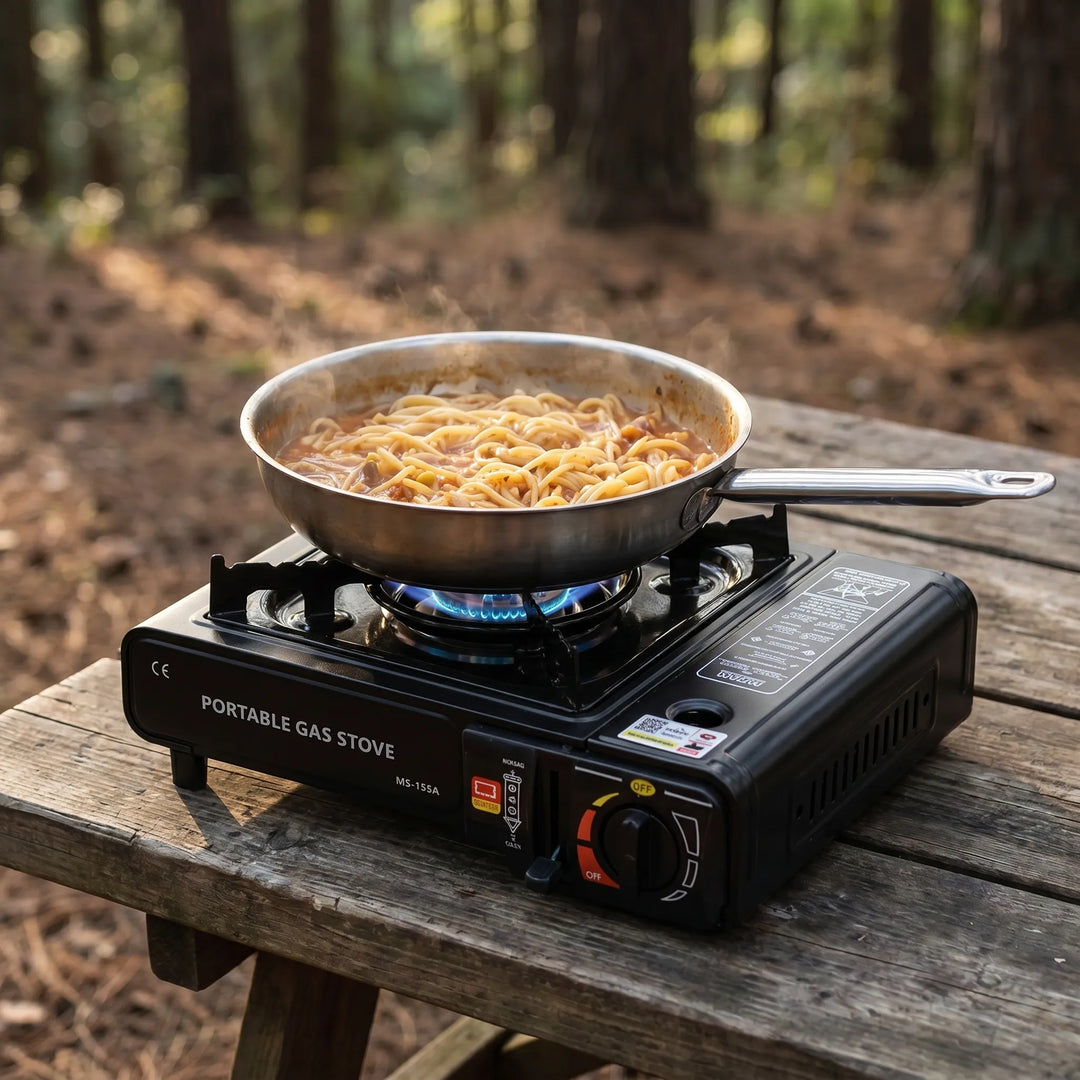 Butane gas burner, ideal for backpacking, picnics, and emergency outdoor cooking.