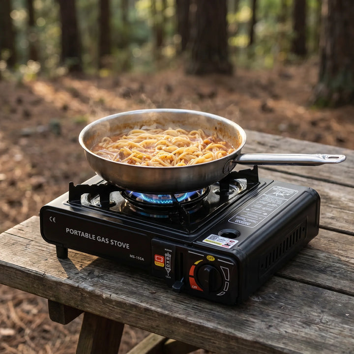 Butane gas burner, ideal for backpacking, picnics, and emergency outdoor cooking.