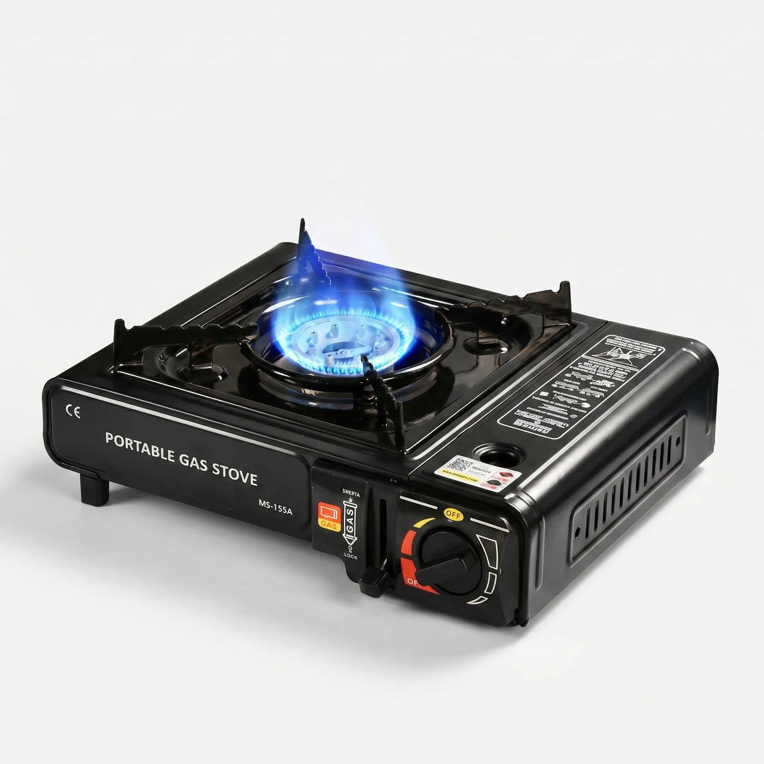 Lightweight single burner camping stove, compact design for easy transport in any camp kitchen.